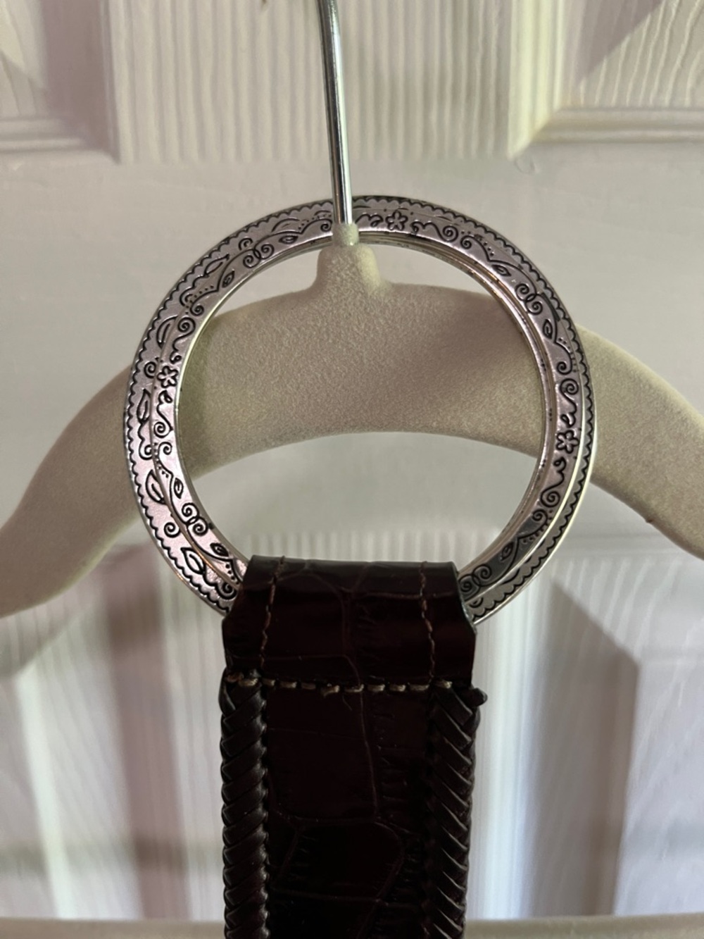 Brighton Silver Engraved Round Buckle with Dark Brown Leather Belt